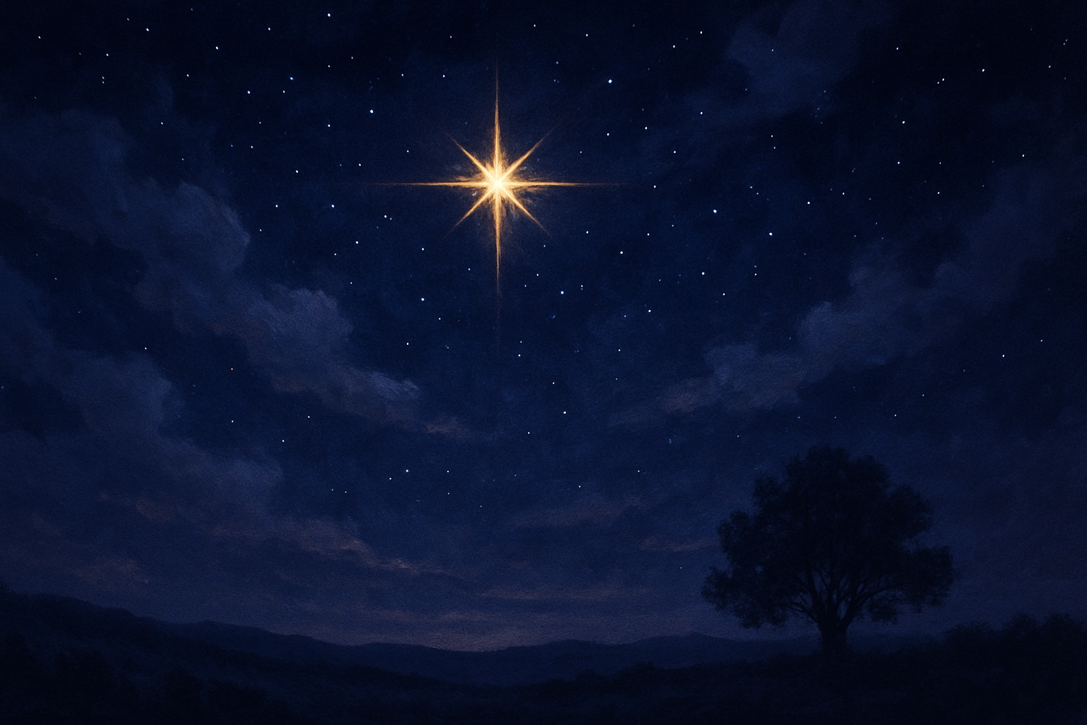 In a vast velvety night sky a solitary North Star shines brilliantly casting a serene glow over the tranquil landscape below The dark background enhan