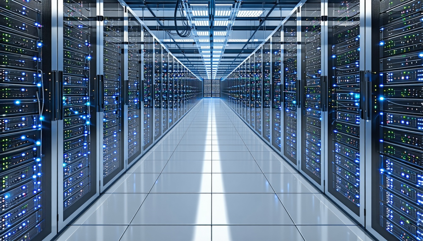 The infrastructure server in the data center is a streamlined rackmounted unit typically housed in a climatecontrolled environment It features a sleek metal chassis with blinking LED indicators that signal operational status and is connected to a net-3